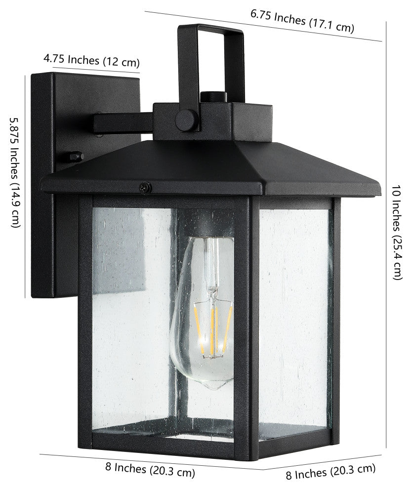 Bungalow 6.75" 1-Light Iron/Seeded Glass RusticOutdoor Lantern, Black, Set of 2