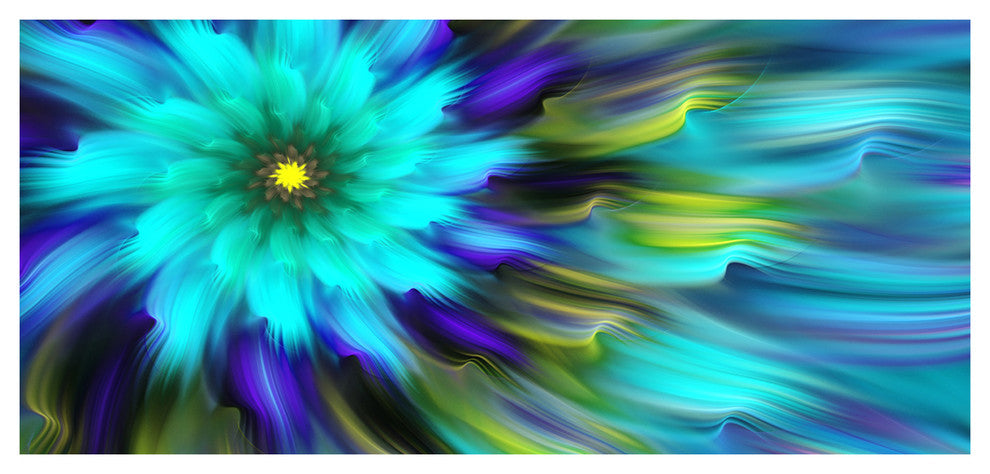 Massive Blue Green Fractal Flower, Large Floral Canvas Art Print, 60"x28"