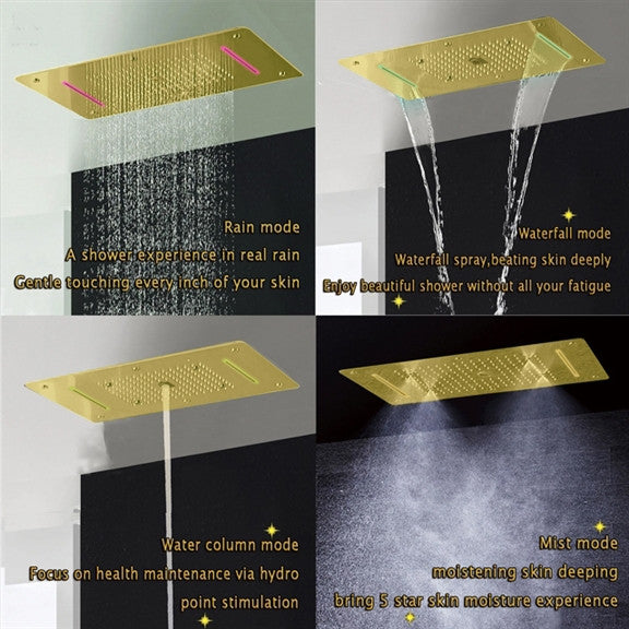 Led Mist Rainfall Shower System, Jetted Body, Brushed Gold
