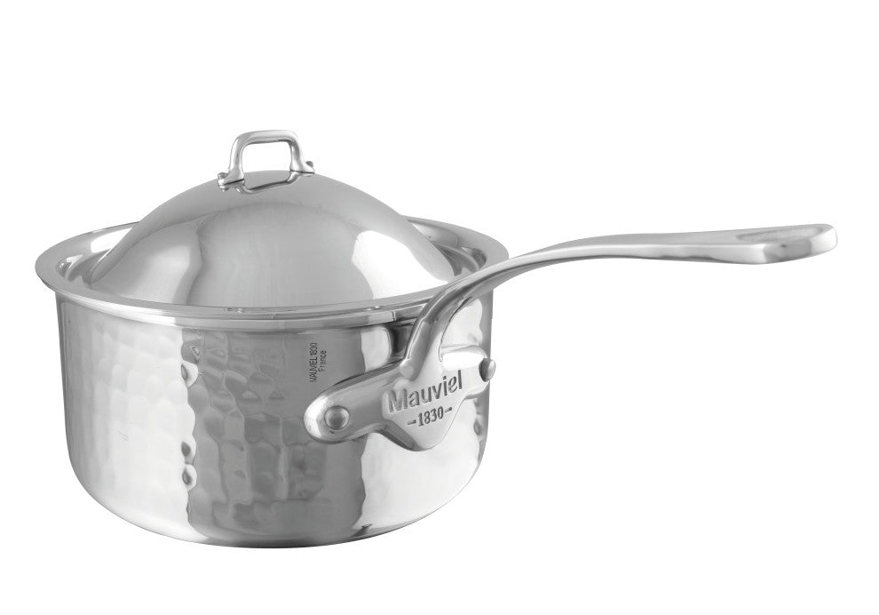 Mauviel M'Elite Hammered Sauce Pan W/ Lid & Cast Stainless Steel Handle, 2.6-qt