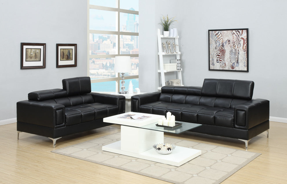 Benzara BM167238 Leather 2 Piece Sofa Set With Foldable Headrests, Black