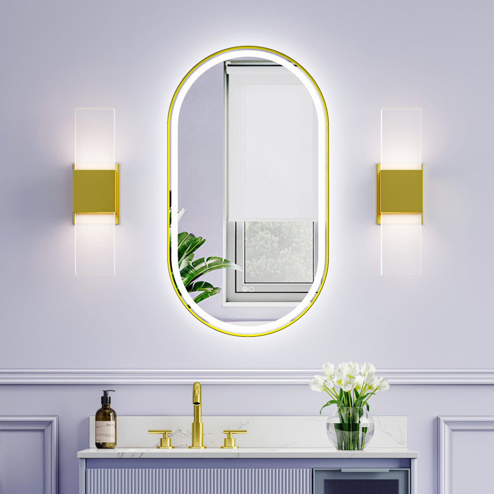 Oval LED Bathroom Vanity Mirror, Defogger and Dimmer, ETL-listed, Brushed Gold, 20"x36"