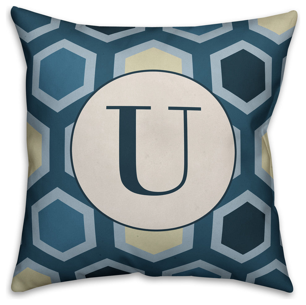 U Blue Hexagon Monogram Spun Poly Pillow, 18x18