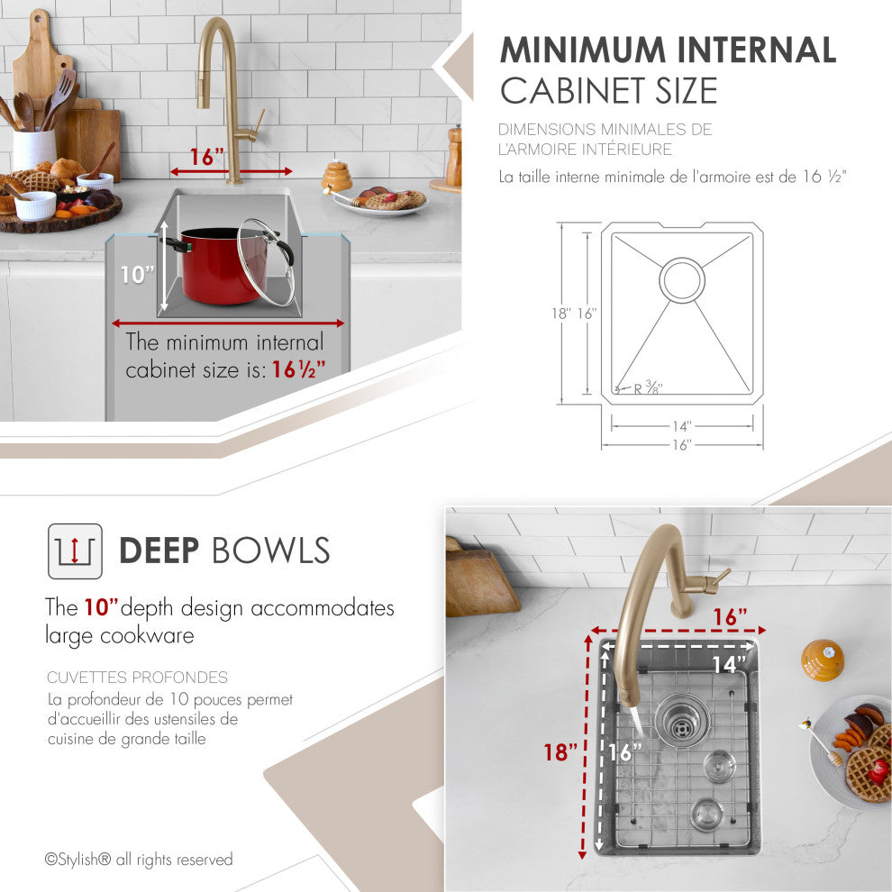 STYLISH 16"L x 18"W Undermount Bar Sink Single Bowl with Grid and Strainer