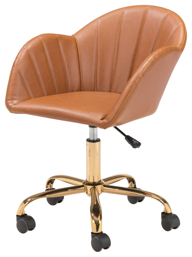 Computer Work Chair, Faux Vinyl Leather, Steel, Tan, Gold, Home Business Office