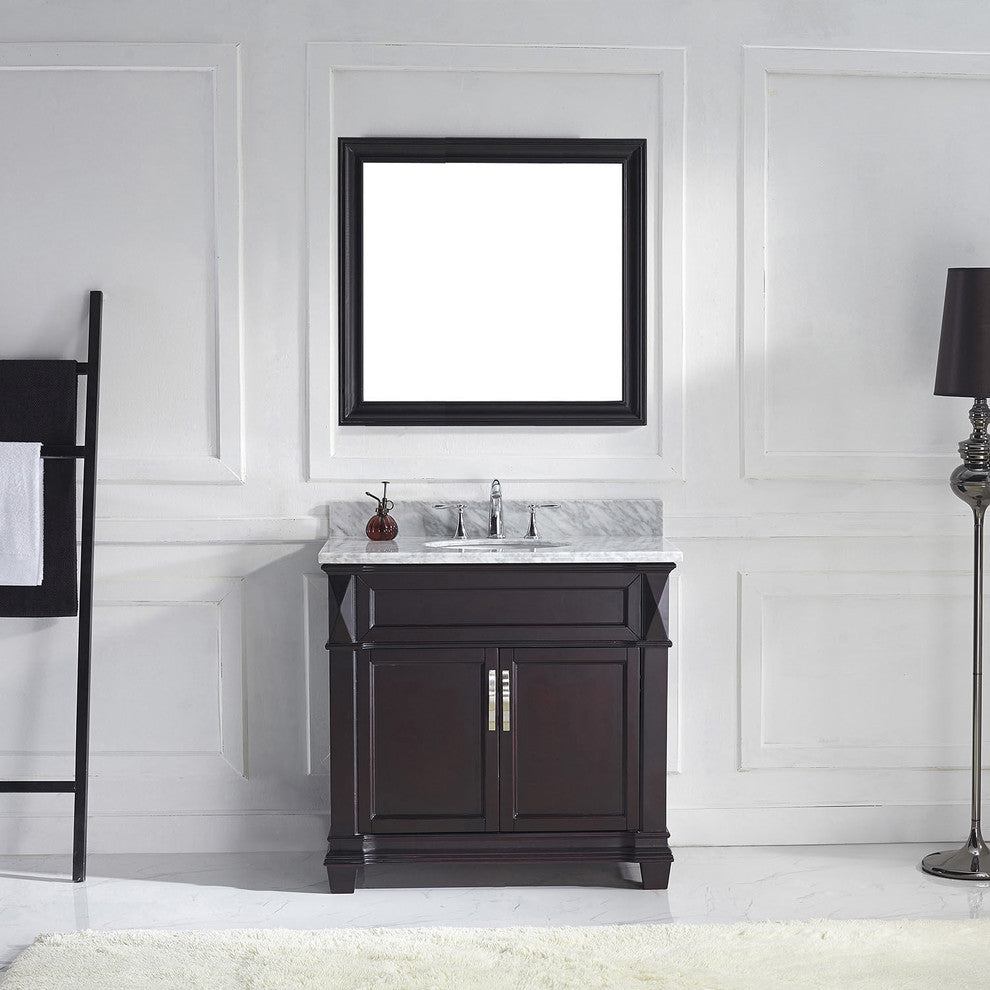 Virtu Victoria 36" Single Bathroom Vanity, Espresso With Marble Top, Mirror