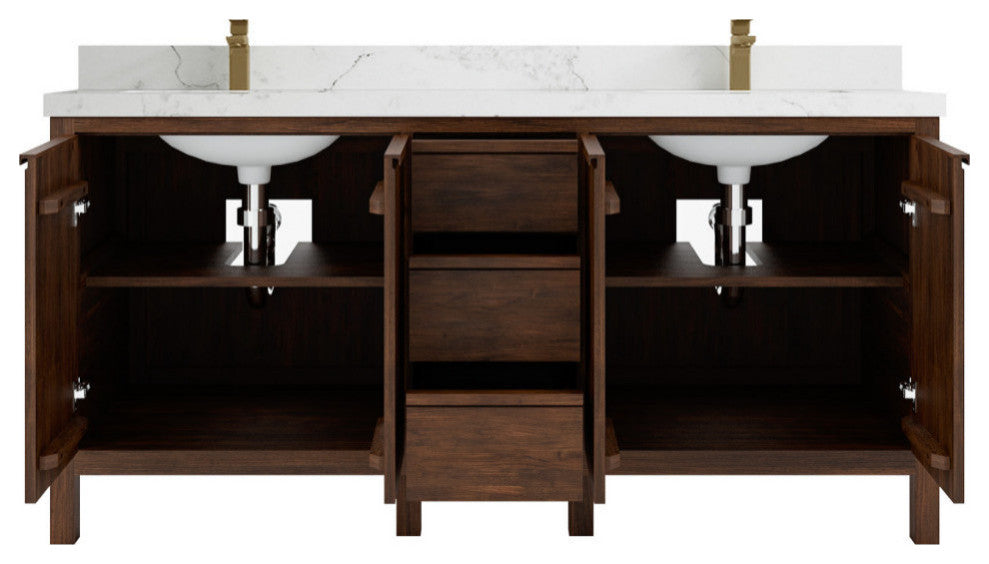 Elizabeth 72 Double Sink Bath Vanity in Dark Walnut Teak 2" Calacatta Nuvo