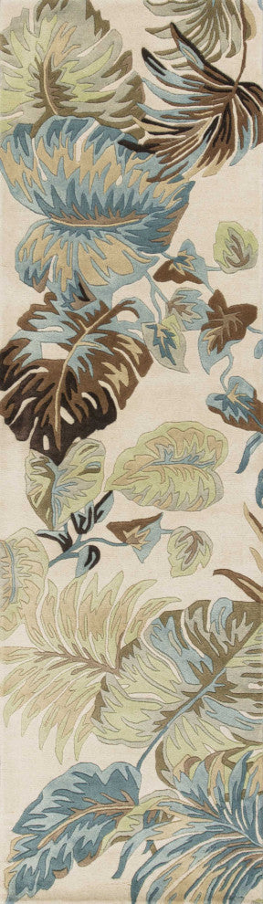 HomeRoots 8' Ivory Blue Hand Tufted Tropical Leaves Indoor Runner Rug