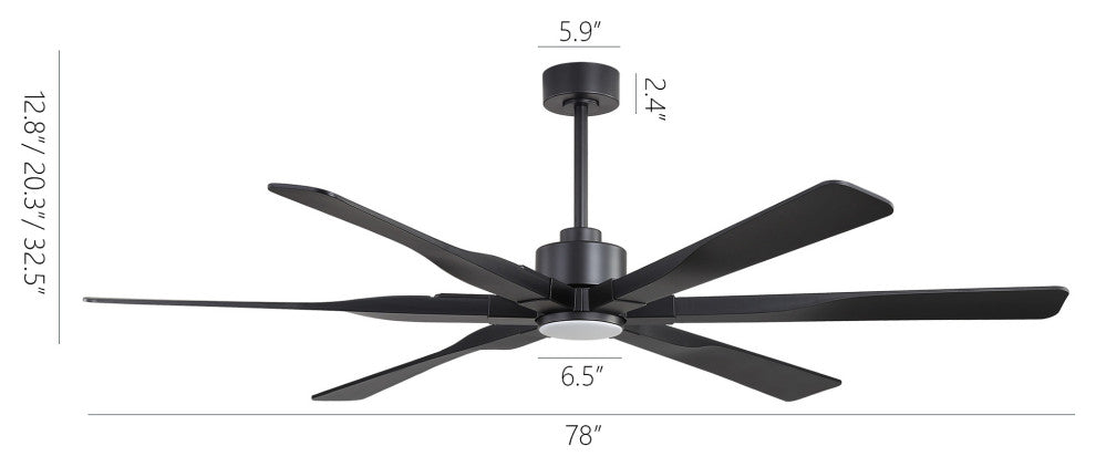 6-Blade Reversible LED Ceiling Fan, Light Kit & Remote Control, Black, 78"