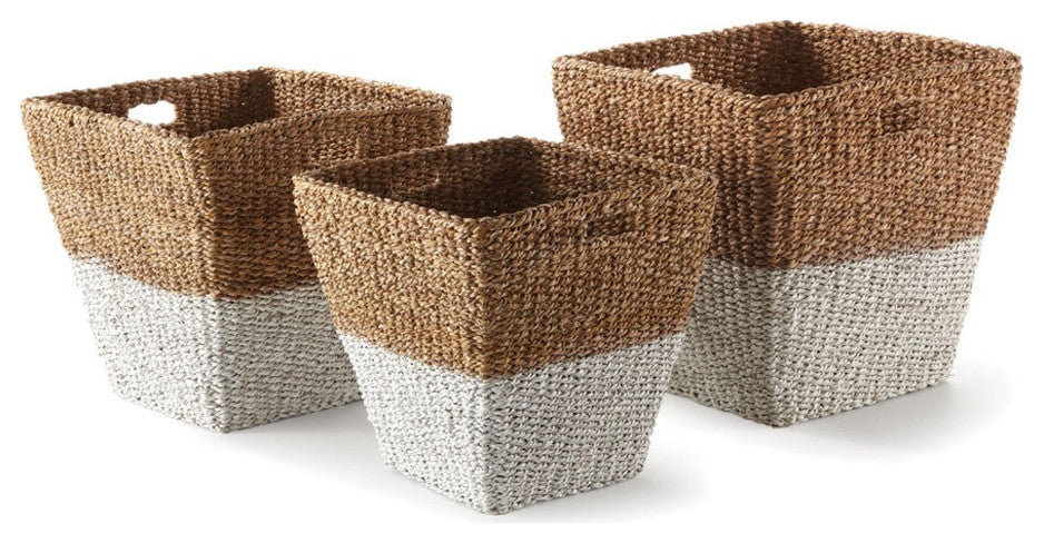 Set of 3 Two Tone Woven Sea Grass Tapered Square Storage Basket White Natural