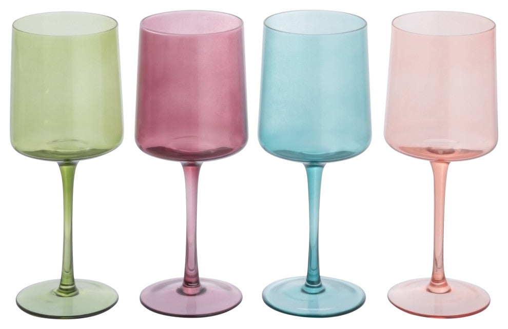 Hand Blown Stemmed Wine Glasses, 14 Ounces, 4 Assorted Colors