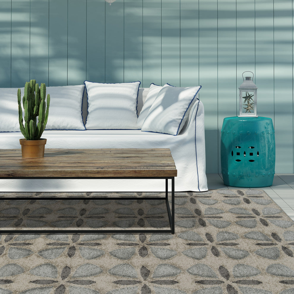 Peranakan Tile Collection Grey 5' x 8' Rectangle Indoor-Outdoor Area Rug