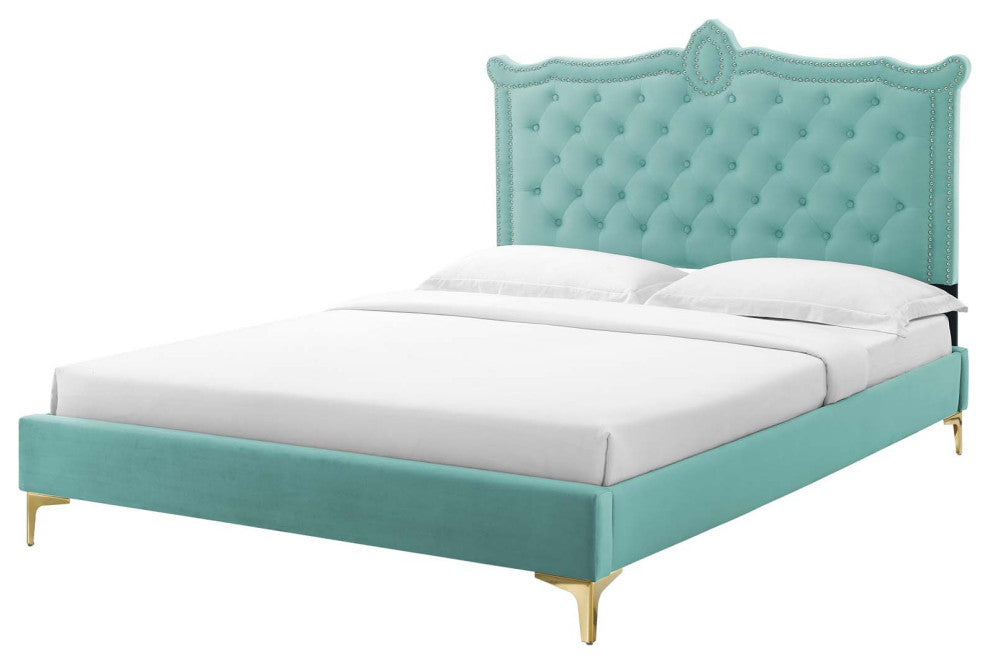 Platform Bed Frame, Nailhead, Queen Size, Blue, Velvet, Modern, Guest Suite