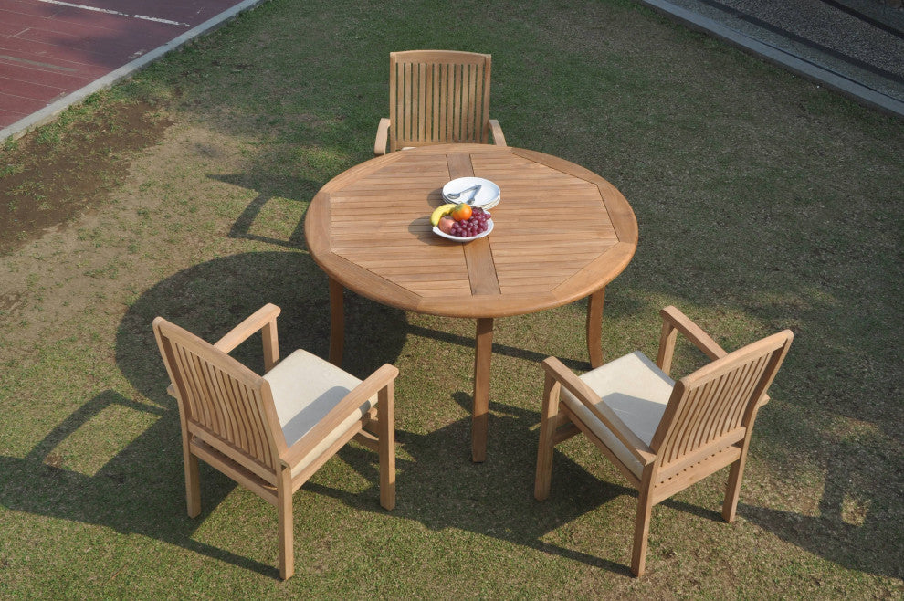4-Piece Outdoor Teak Dining Set: 52" Round Table, 3 Wave Stacking Arm Chairs