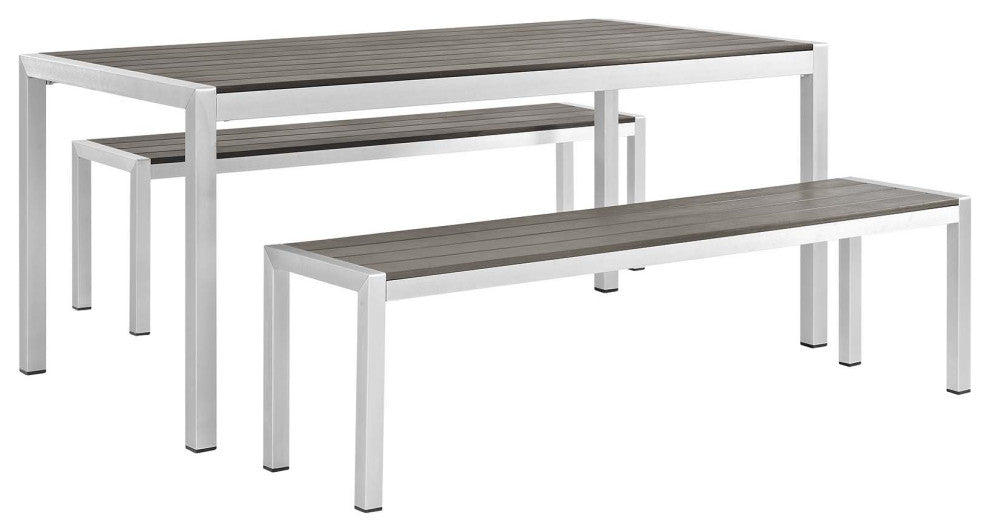 Shore 3 Piece Outdoor Patio Aluminum Dining Set, Silver Gray