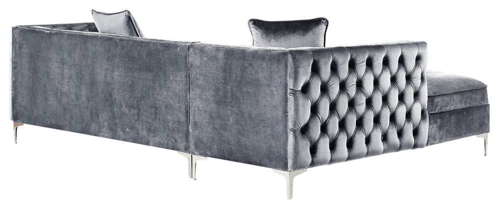 Jeannie Velvet Tufted With Nailhead Trim Sectional, Gray, Left Facing Chaise