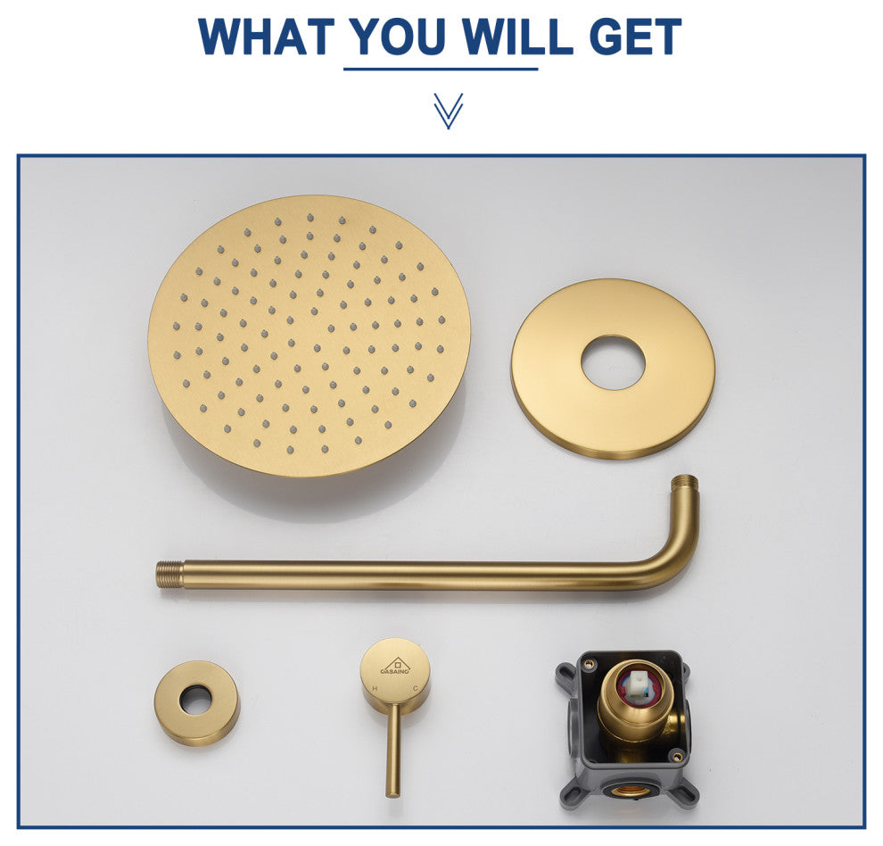 CASAINC 10" Round Wall Mounted Rainfall Luxury Shower System Kit, Brushed Gold