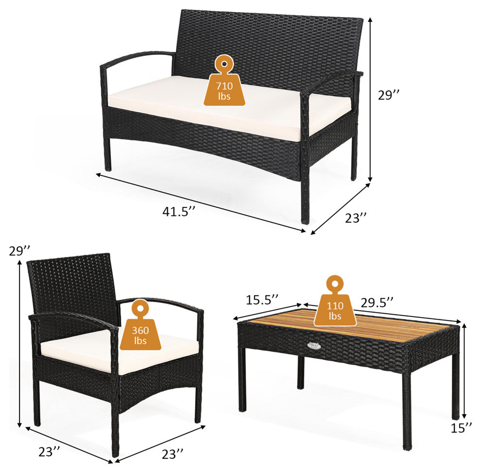 Costway 4PCS Patio Rattan Furniture Set Sofa Chair Coffee Table W/Cushion White