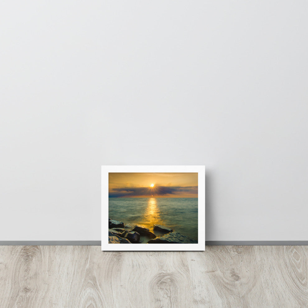 Sun Ray on the Water Coastal Landscape Framed Photo Paper Wall Art Print, White, 8" X 10"