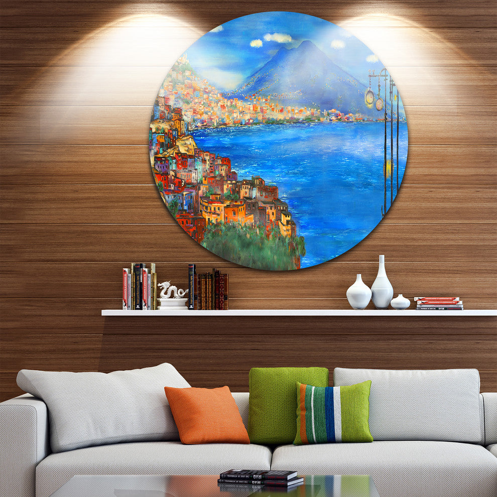 Saturday Night Sea, Landscape Painting Disc Metal Artwork, 36"