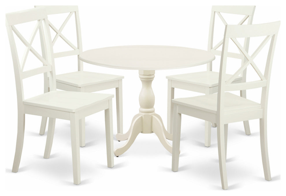 5 Pc Wood Dining Set, 1 Drop Leaves Table, 4 Linen White Kitchen Chairs