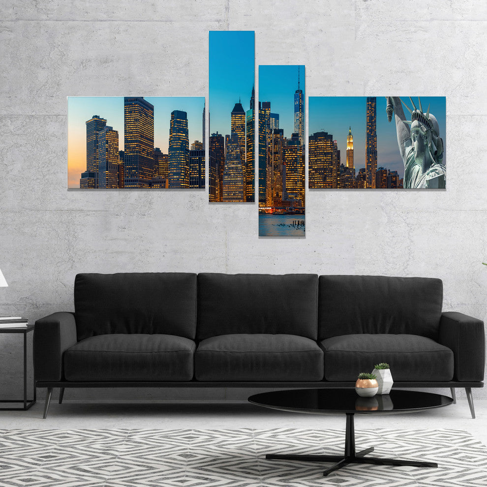 Evening New York City Skyline Panorama, Canvas Art Print, 60"x32", 4 panels