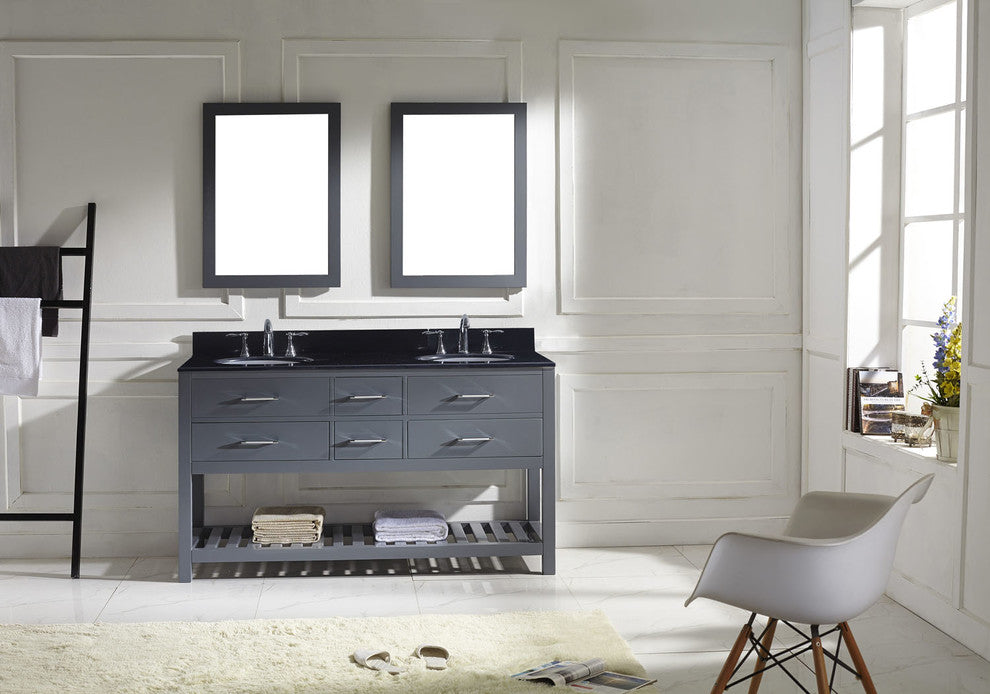 Virtu Caroline Estate 60" Double Bathroom Vanity, Gray, Faucet and Mirrors