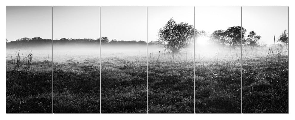 Rural Meadow in Mist, Landscape Canvas Art Print, 70"x28", 6 Panels