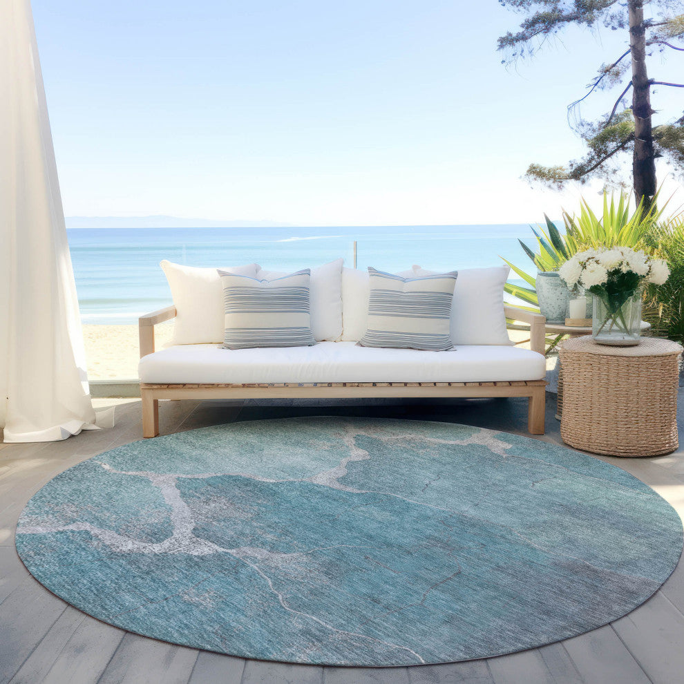 Machine Washable Indoor/Outdoor Chantille ACN1889 Teal 8' x 8' Round Rug
