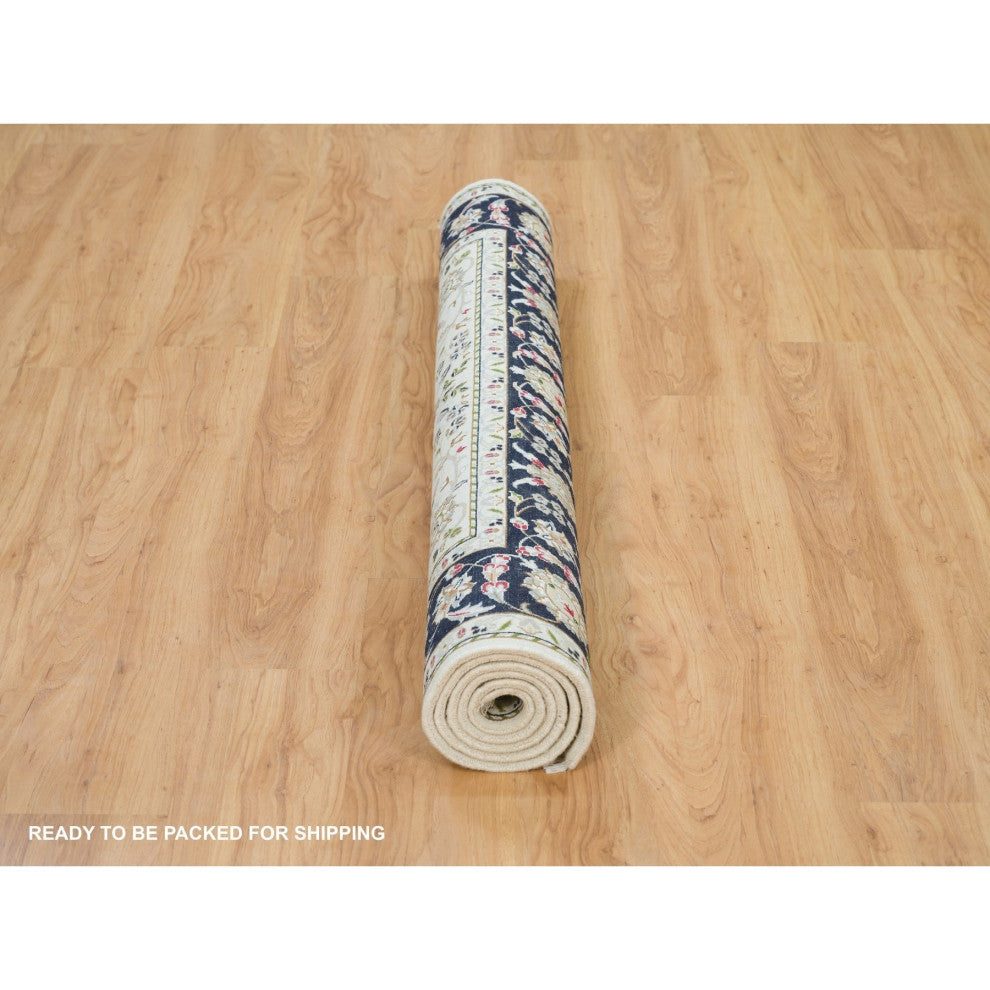 Powder White, Nain Design, 250 KPSI, Soft Wool, Hand Knotted Rug, 5'x7'