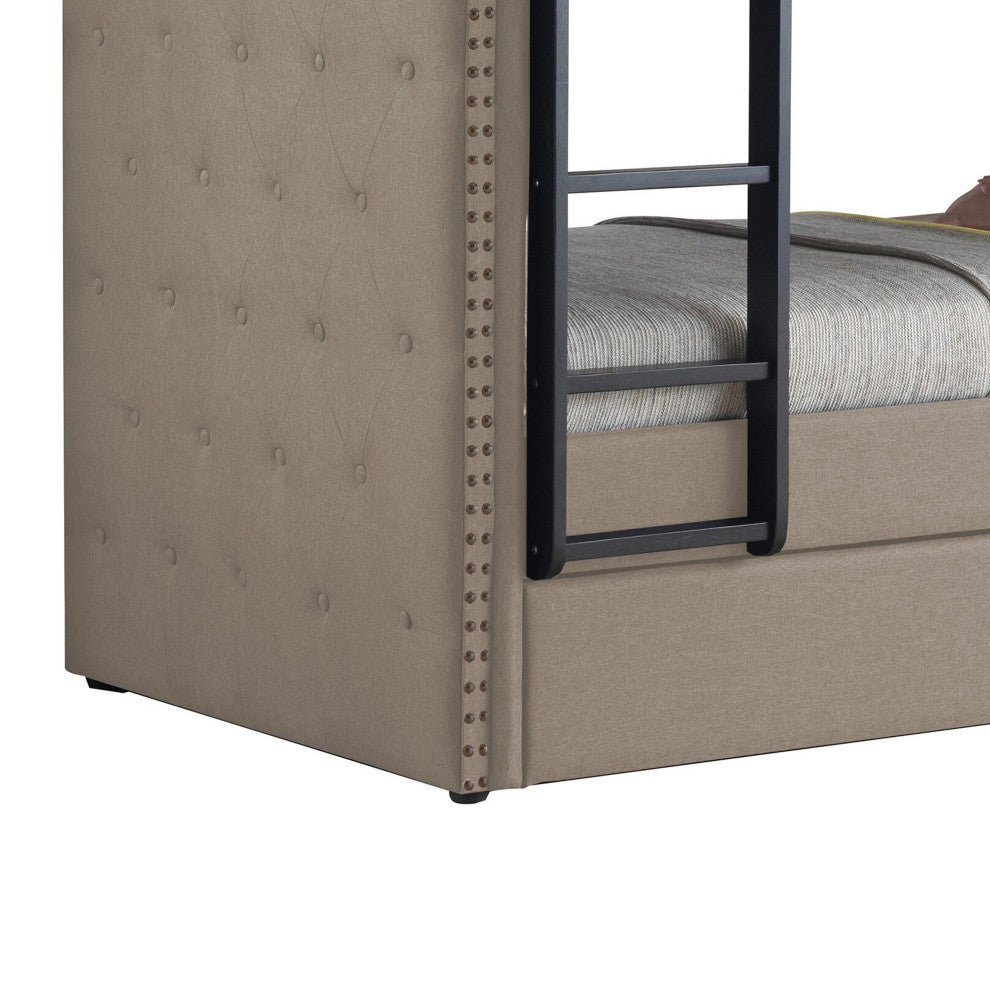 Benzara BM214899 Twin Size Bunk Bed With Nailhead Trim, Beige/Black