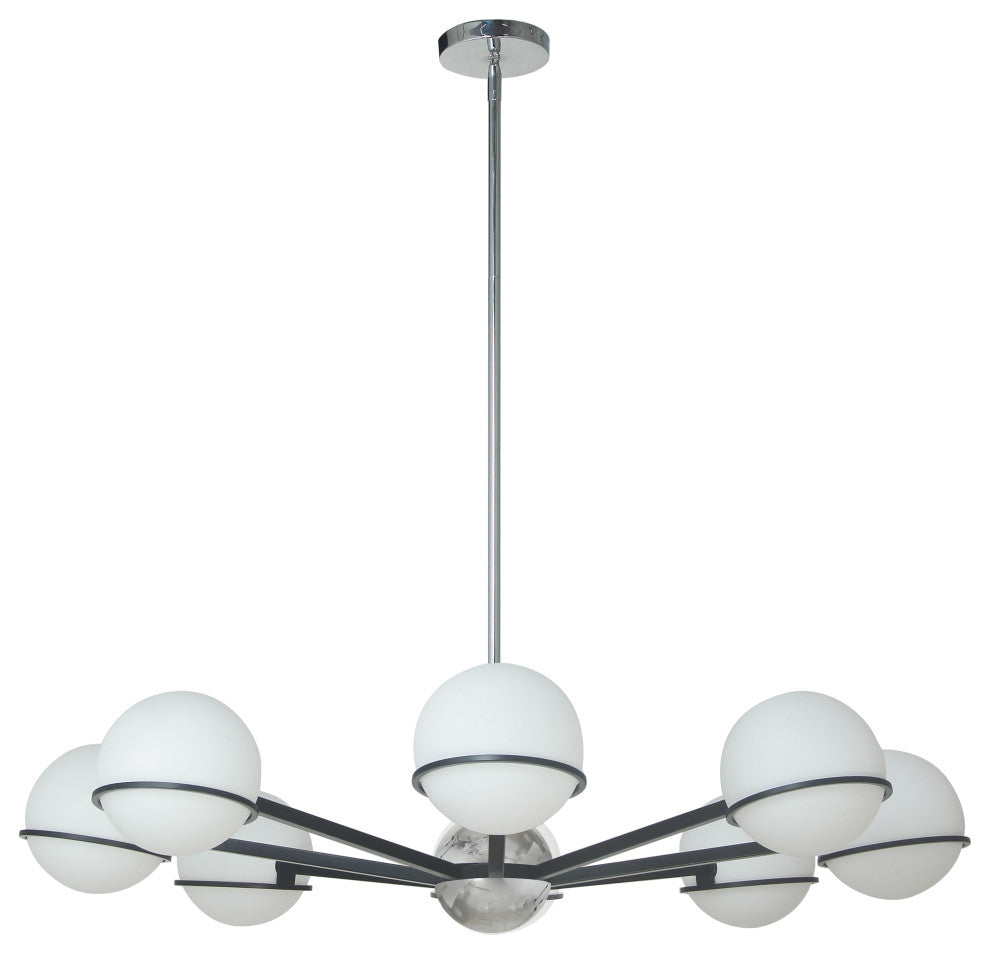 Matte Black and Polished Chrome Modern Chandelier With White Glass