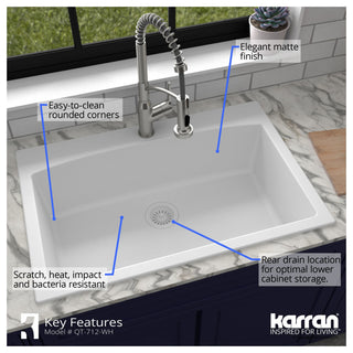 Karran Drop-In Quartz Composite 33" 1-Hole Single Bowl Kitchen Sink Kit, White
