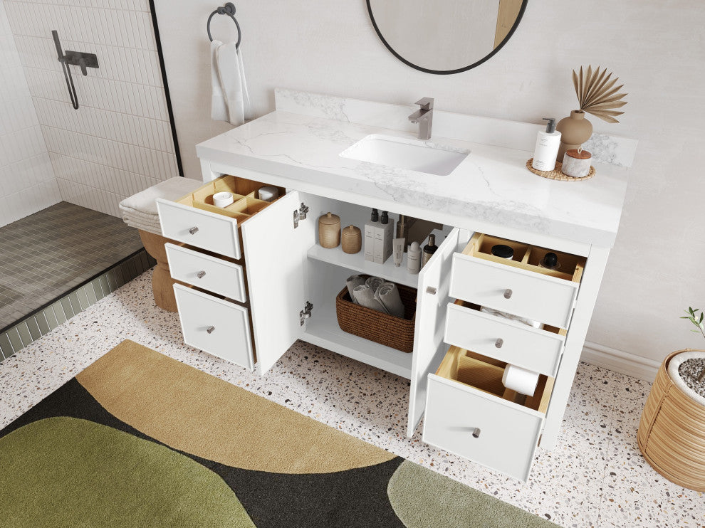 Chicago 60" Single Sink Bathroom Vanity, White 2" Calacatta Sienna Quartz