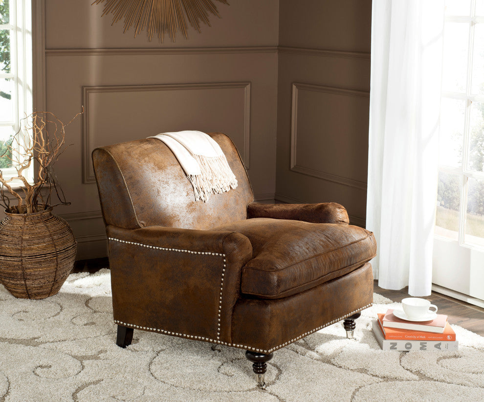 Safavieh Chloe Club Chair, Brown, Espresso, Nickel, Fabric, With Nail Head