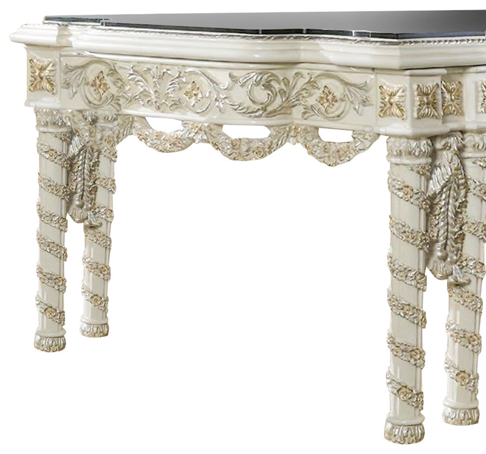 Benzara BM266457 Dining Table With Gold Trim Accent, Antique White