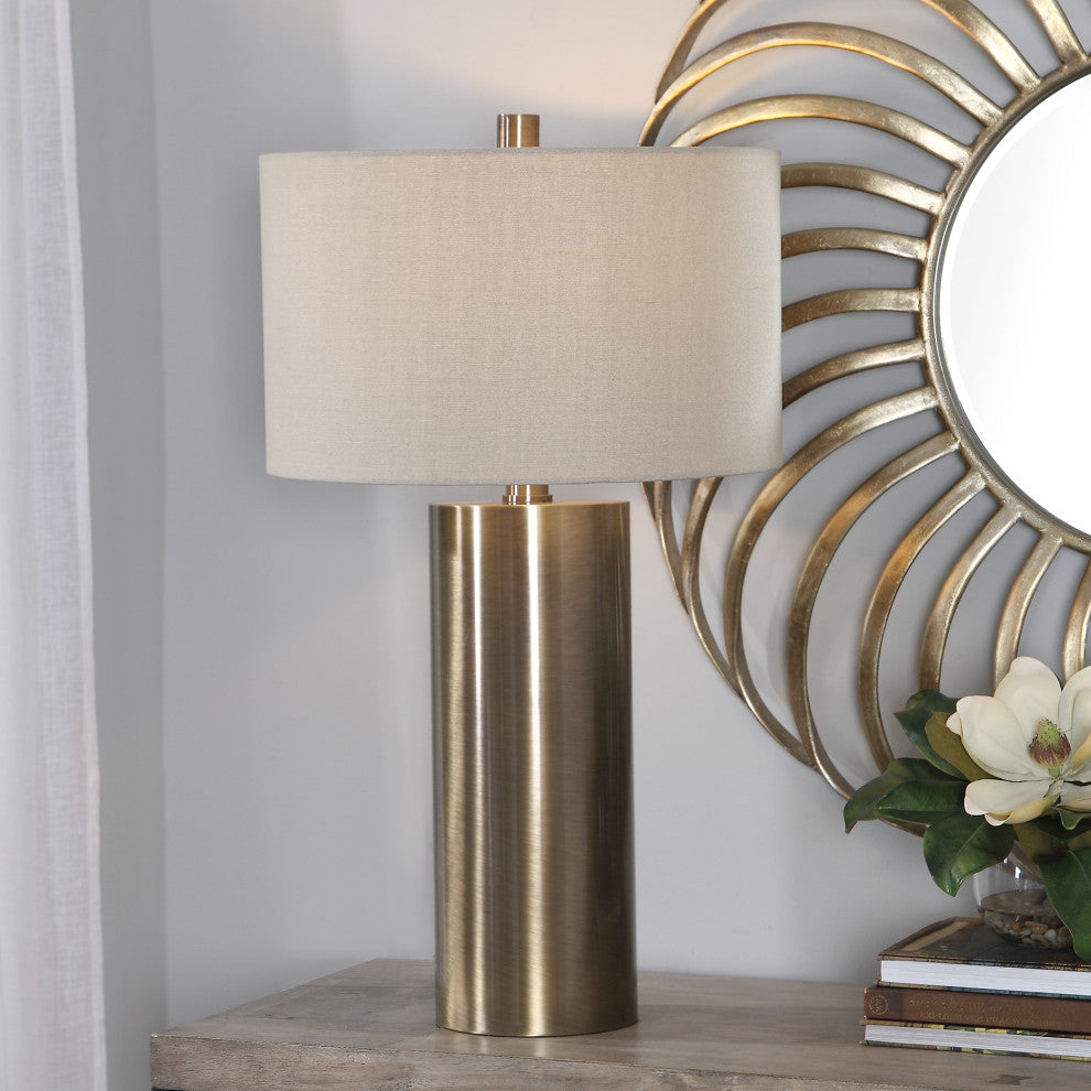 Modern Minimalist Brass Bronze Cylinder Table Lamp, Metal Beige Casual Large