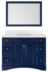 Solid Wood Bath Vanity in Navyblue with White Natural Marble Top and Mirror, 48in