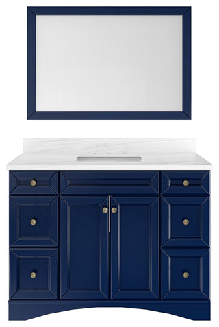 Solid Wood Bath Vanity in Navyblue with White Natural Marble Top and Mirror, 48in