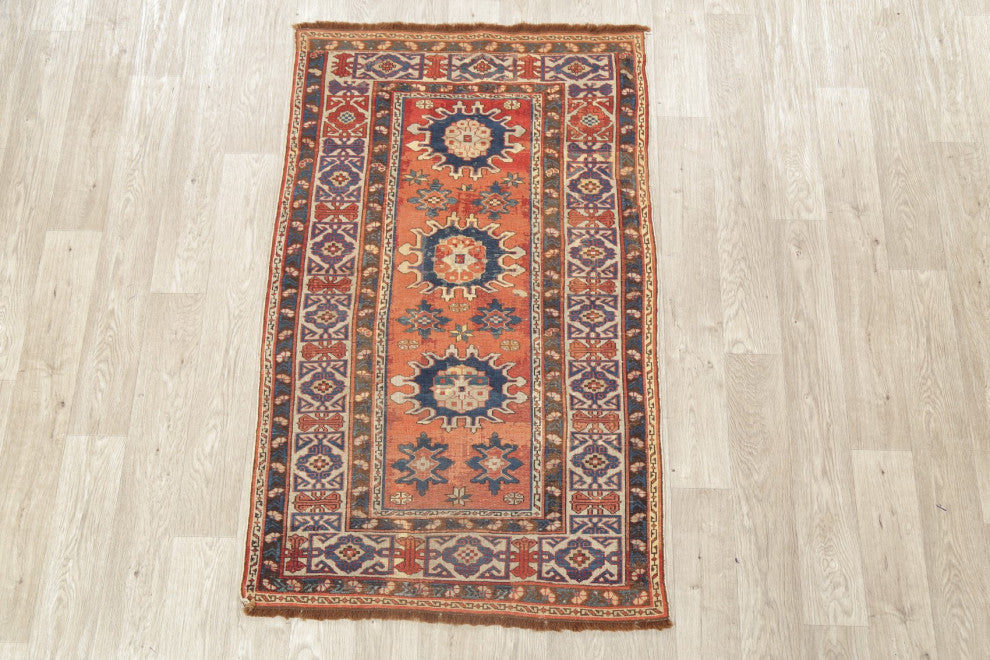 Consigned, Antique Russian Oriental Traditional Handmade Area Rug, Orange, 3x5