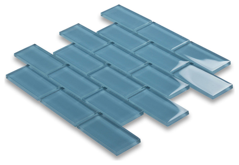 Glass Mosaic Tile Country Blue 2x4 Subway Tile Kitchen Backsplash, 1 sheet