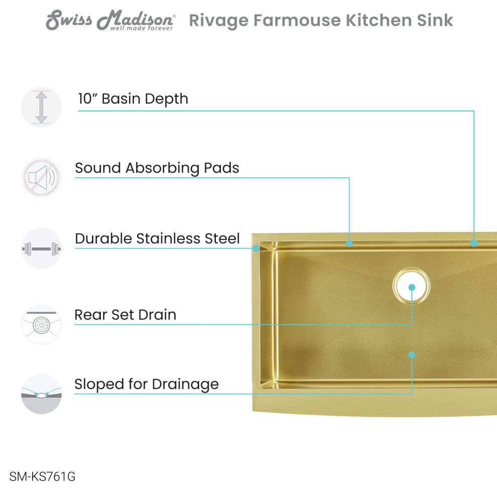 Rivage 36"x21" Stainless Steel Single Basin Farmhouse Apron Sink, Gold