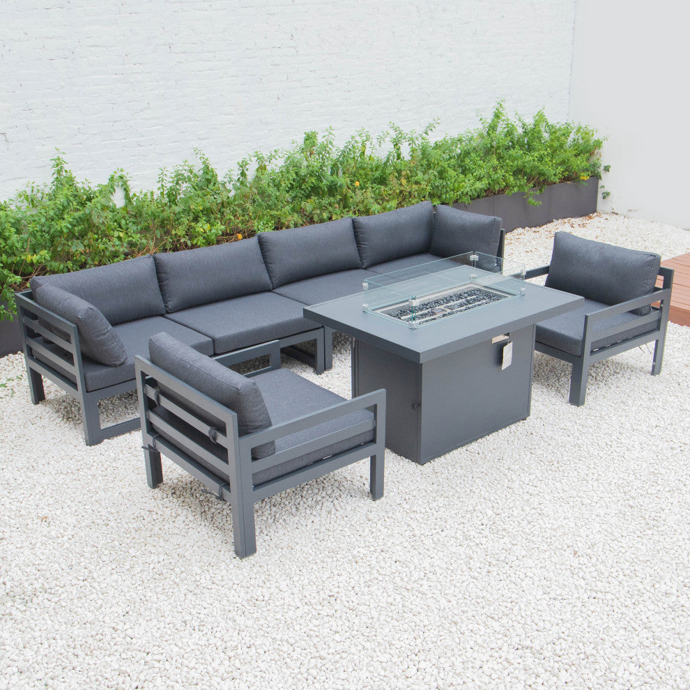 LeisureMod Chelsea 7-Piece Outdoor Sectional With Fire Pit Table, Black