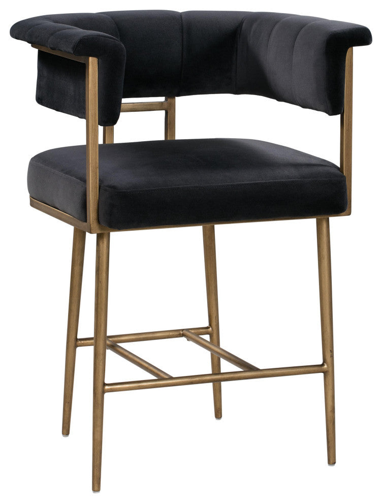 Gray Grey Velvet Counter Stool, Contemporary Modern Brass Gold Counter Stool