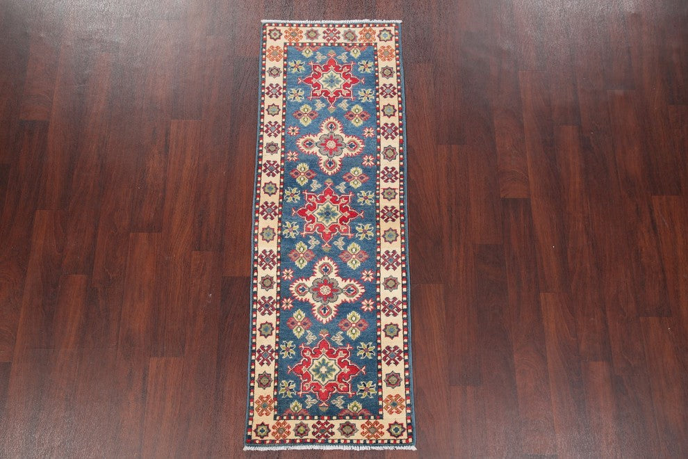 Hand-Knotted Kazak Pakistani Oriental Runner Rug Traditional, Blue, 5'11"X2'0"