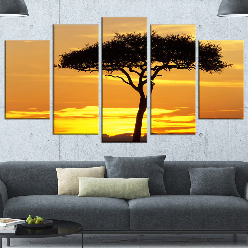 Beautiful Sunset Through Acacia Tree, Landscape Canvas Print, 60"x32", 5 Panels