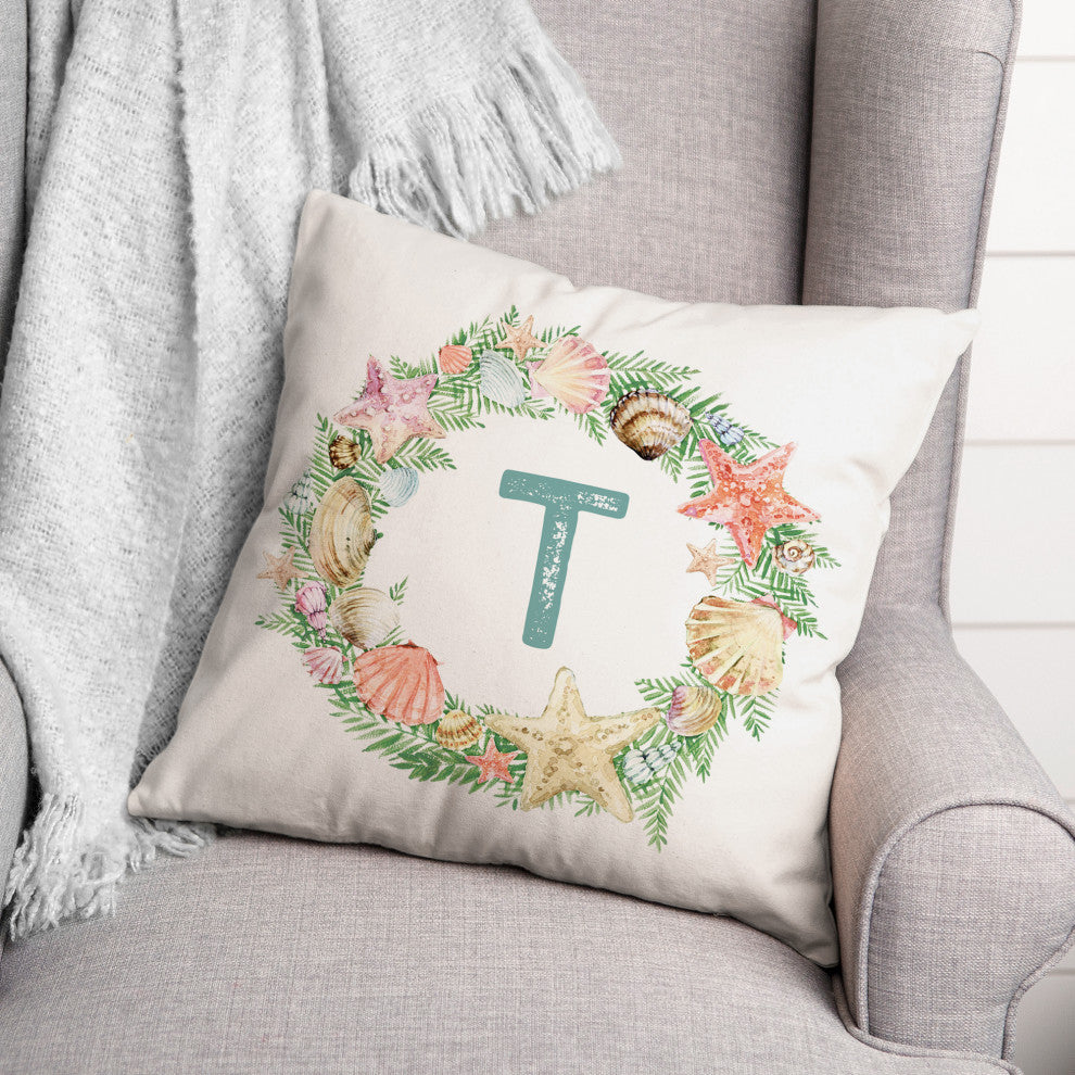 Coastal Christmas Monogram T 18x18 Spun Poly Pillow