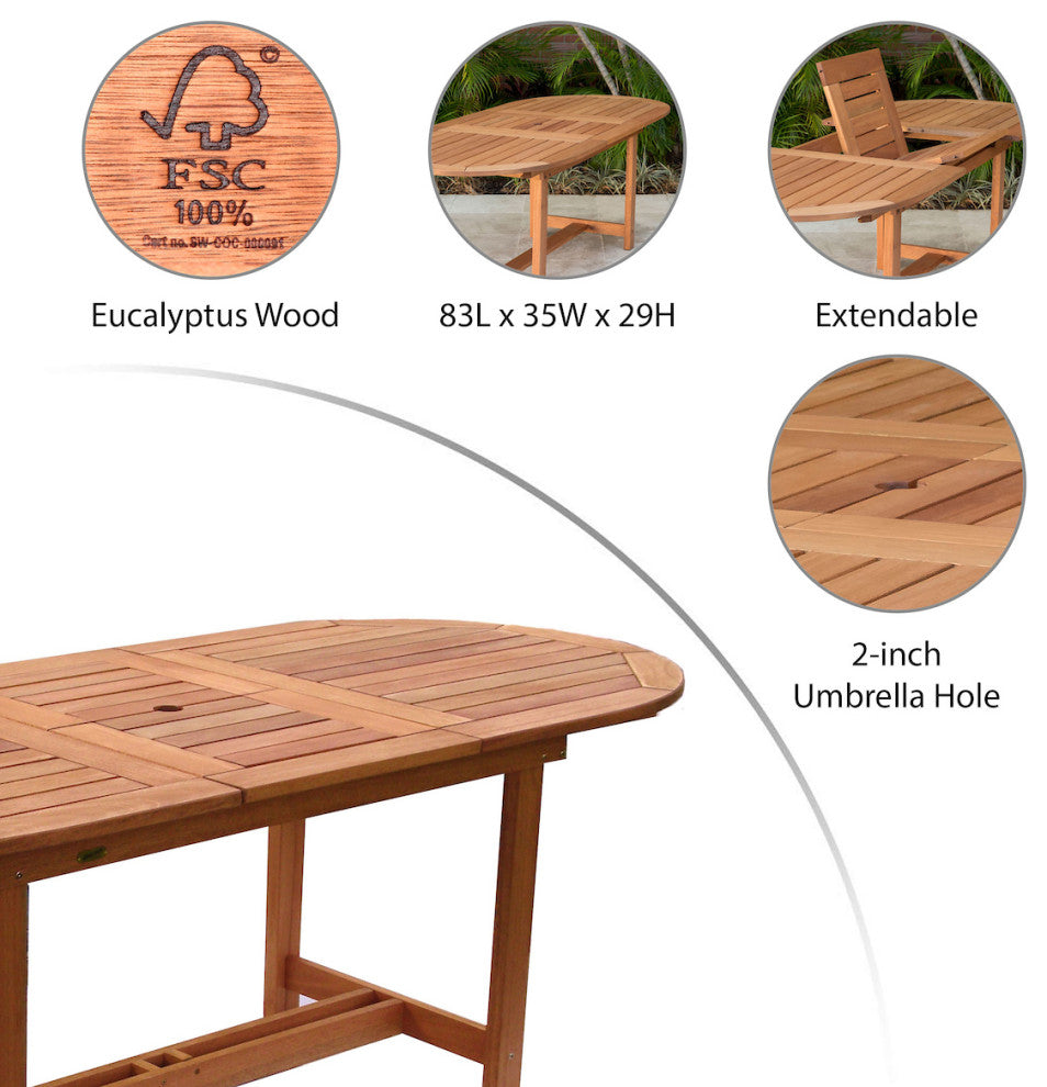 Solid Wood 100% FSC 7-Piece Armless Oval Extendable Patio Dining Set