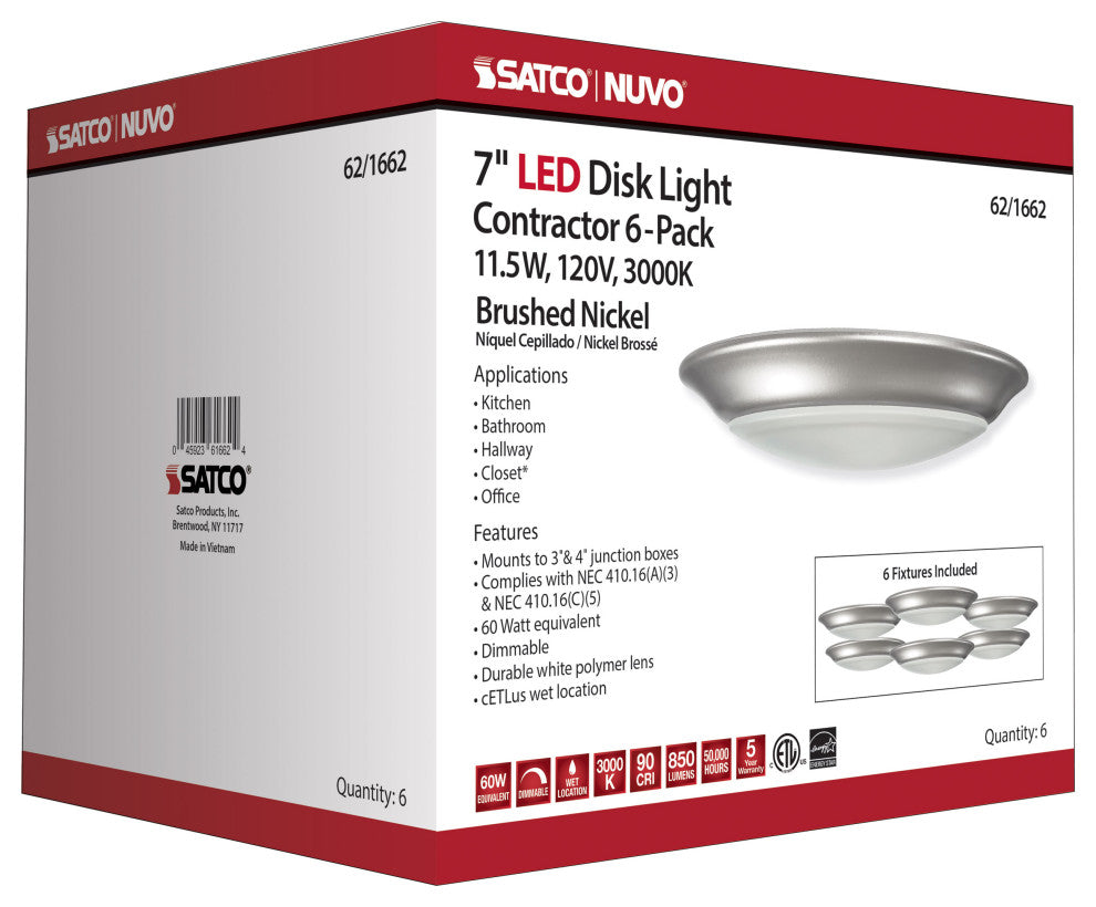 7 inch - LED Disk Light - 3000K - 6 Unit Contractor Pack - Brushed Nickel Finish