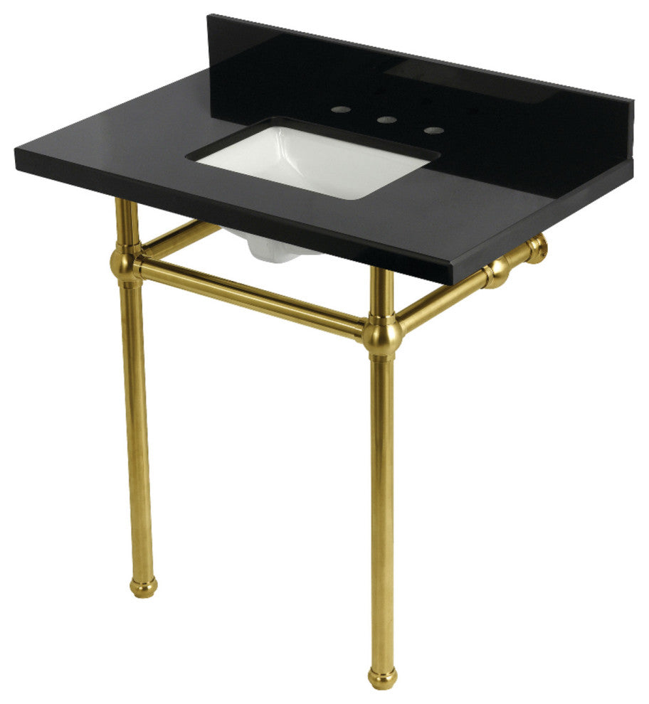 KVPK36KBSQ7 36" Black Granite Console Sink with Brass Legs